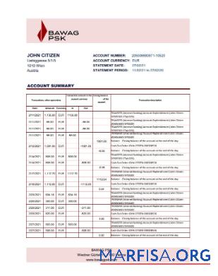 Downloadable Austria BAWAG PSK bank statement excel sample